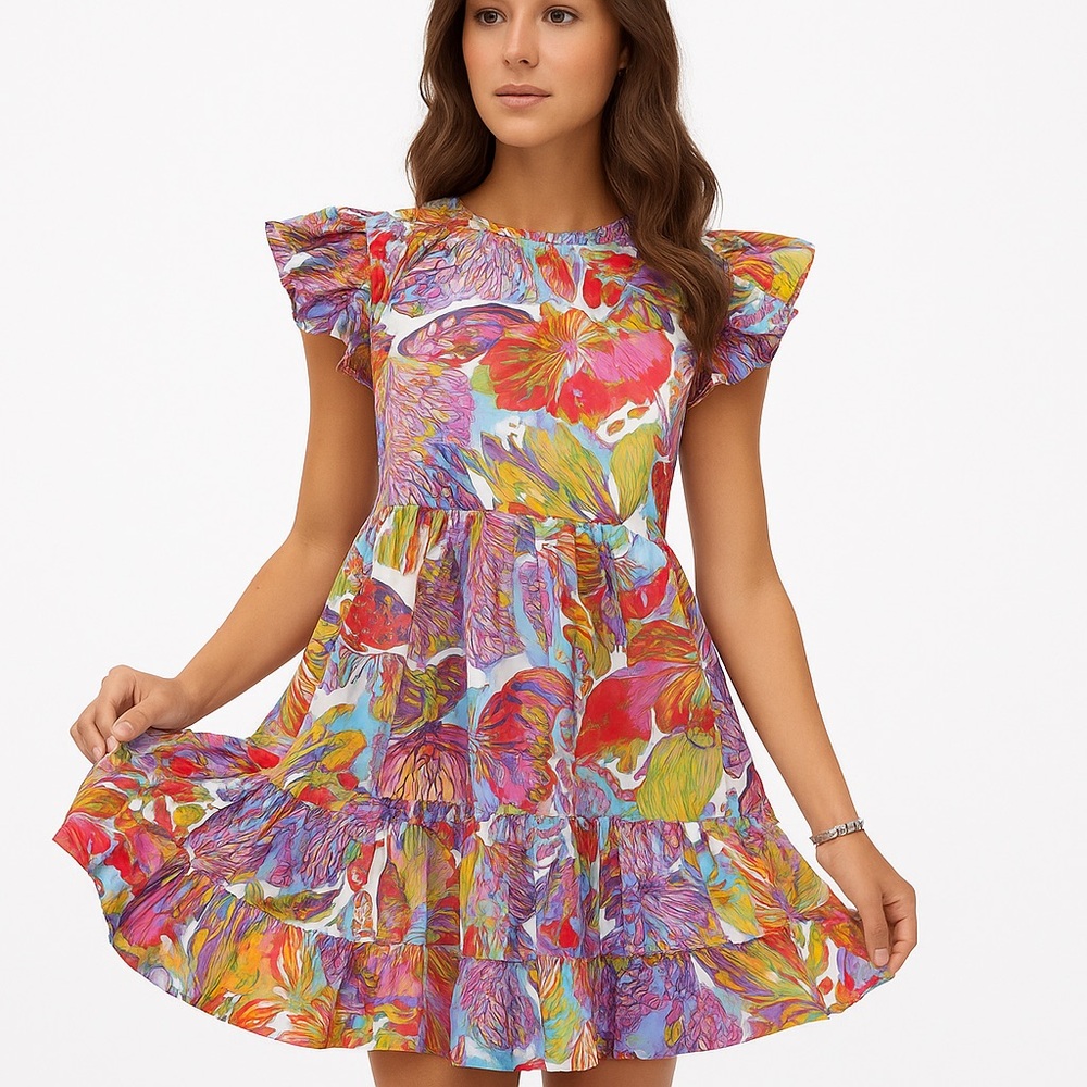 Caroline Constas Papillon Print Butterfly Ruffle Mini Cotton Dress – Size L‎